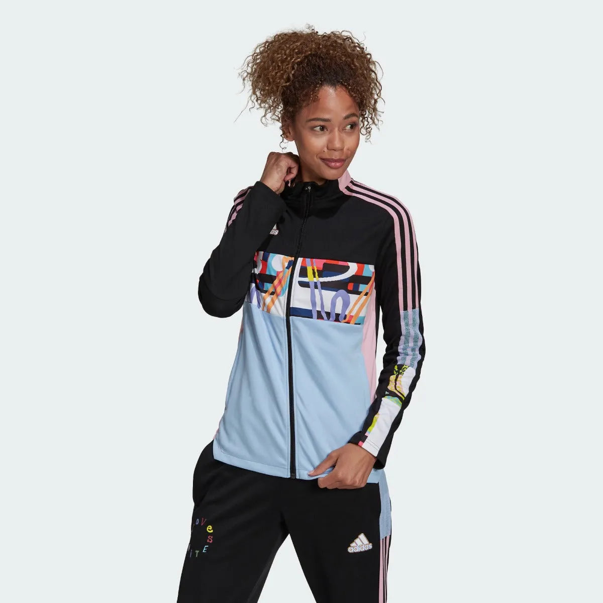 Adidas Love Unites Women Tiro Track Jacket - Black-Pink-Light Blue (Model - Front)