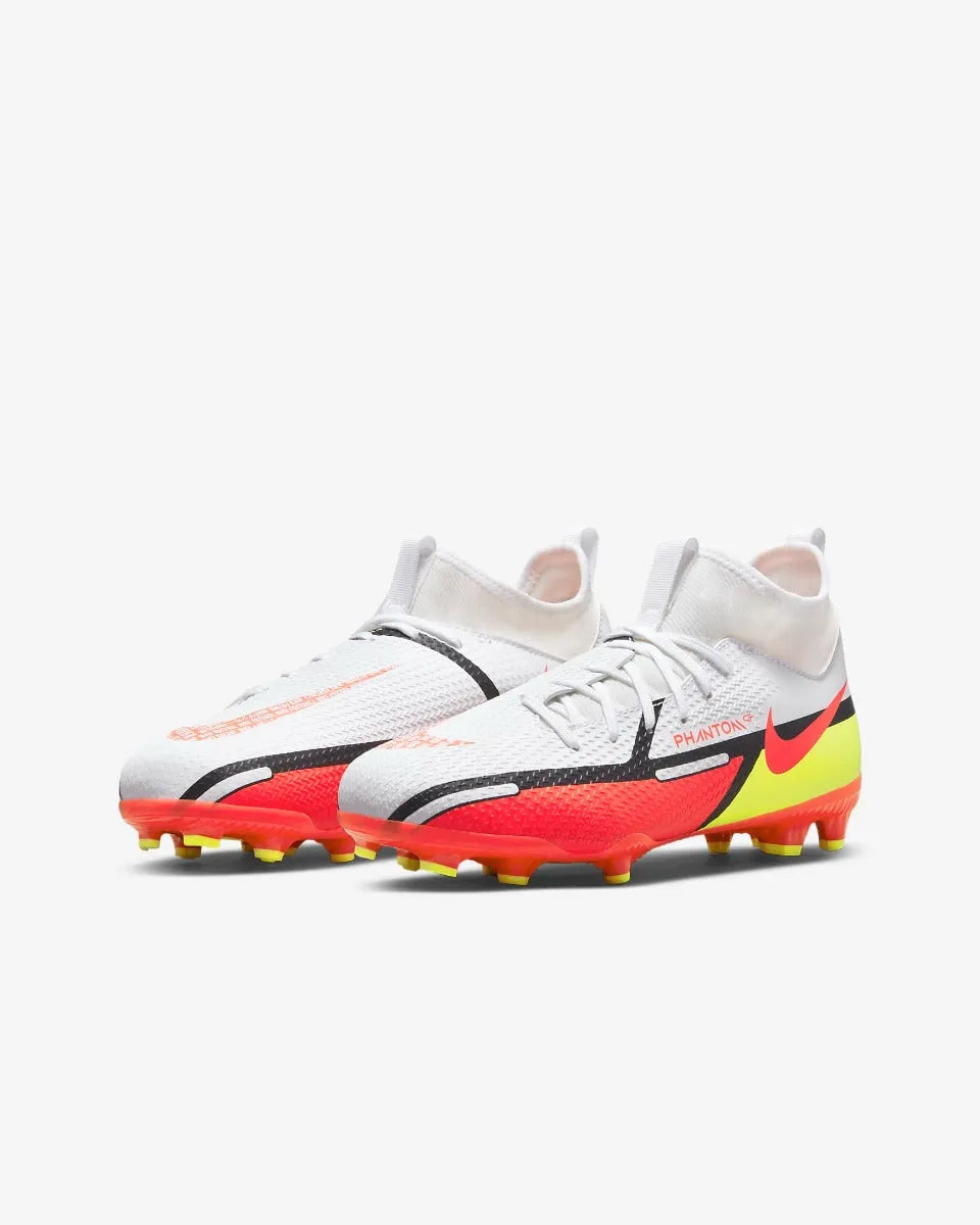 Nike JR Phantom GT2 Academy DF FG-MG - White-Volt-Crimson (Pair - Diagonal)