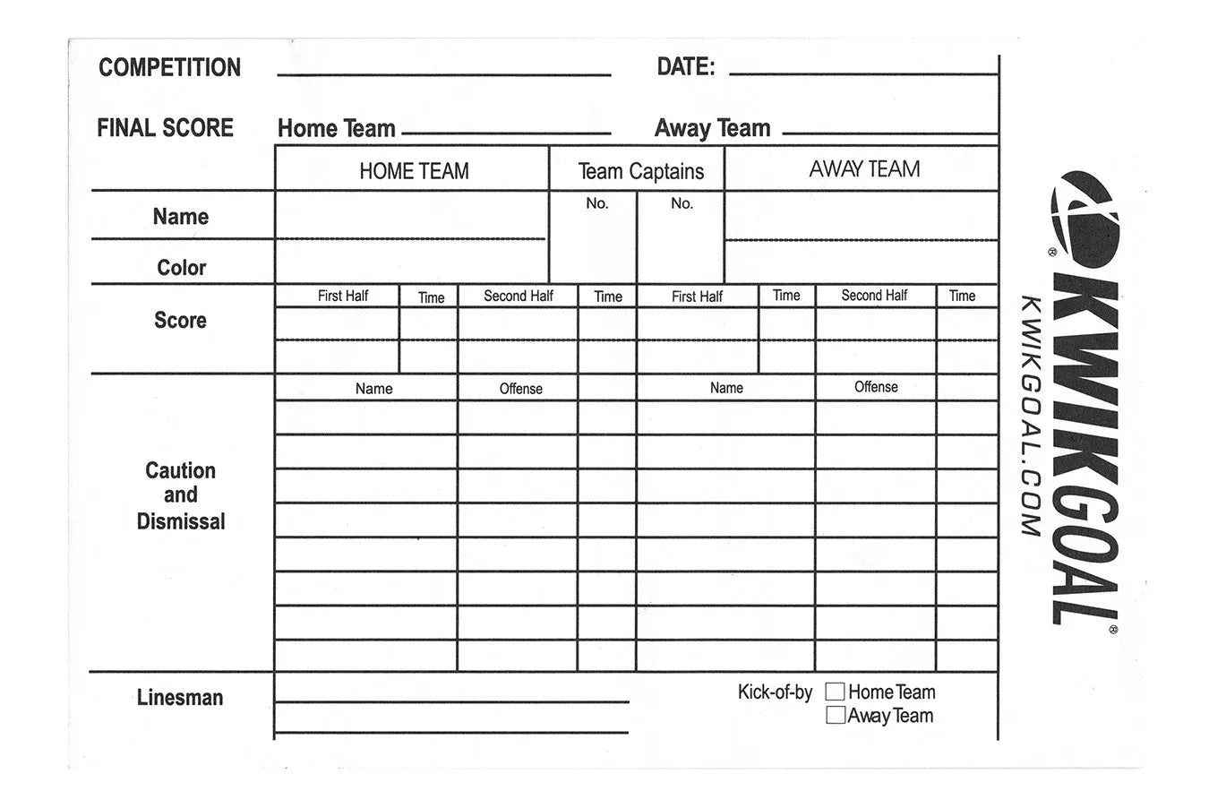 Kwik Goal Referee Score Sheet