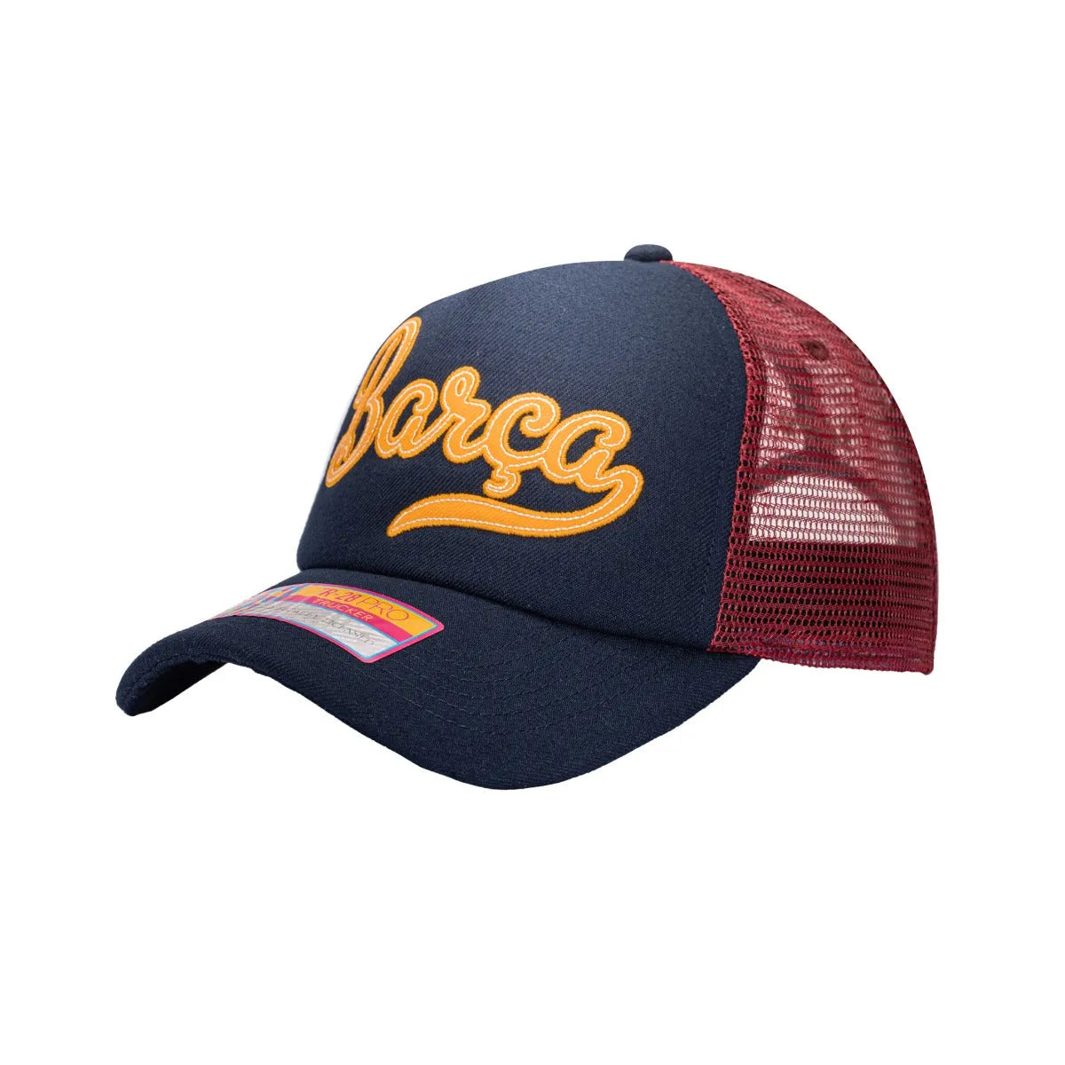 F.I Collection Barcelona Script Stop Trucker Hat - Navy-Burgundy (Diagonal 1)