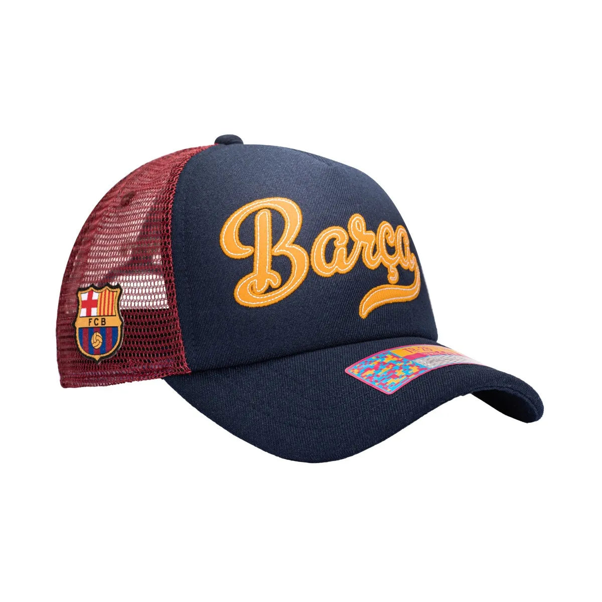 F.I Collection Barcelona Script Stop Trucker Hat - Navy-Burgundy (Diagonal 2)