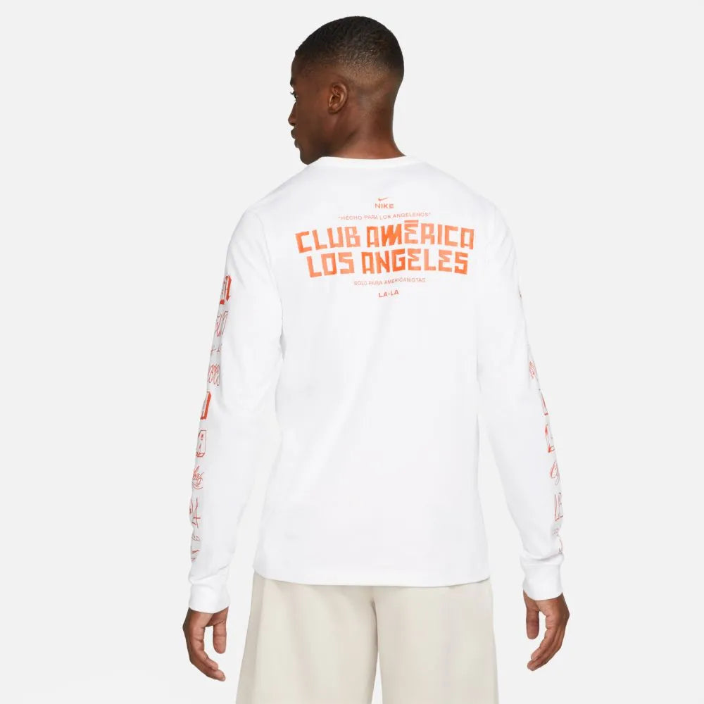 Nike 2021-22 Club America Long-Sleeve Voice Tee LAxLA - White-Orange (Model - Back)