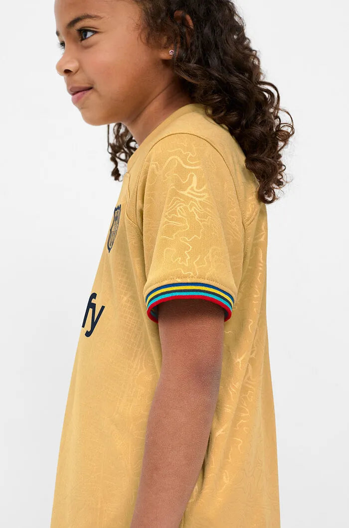 Nike 2022-23 Barcelona Away Little Kids Kit Gold-Navy (Model - Side 1)