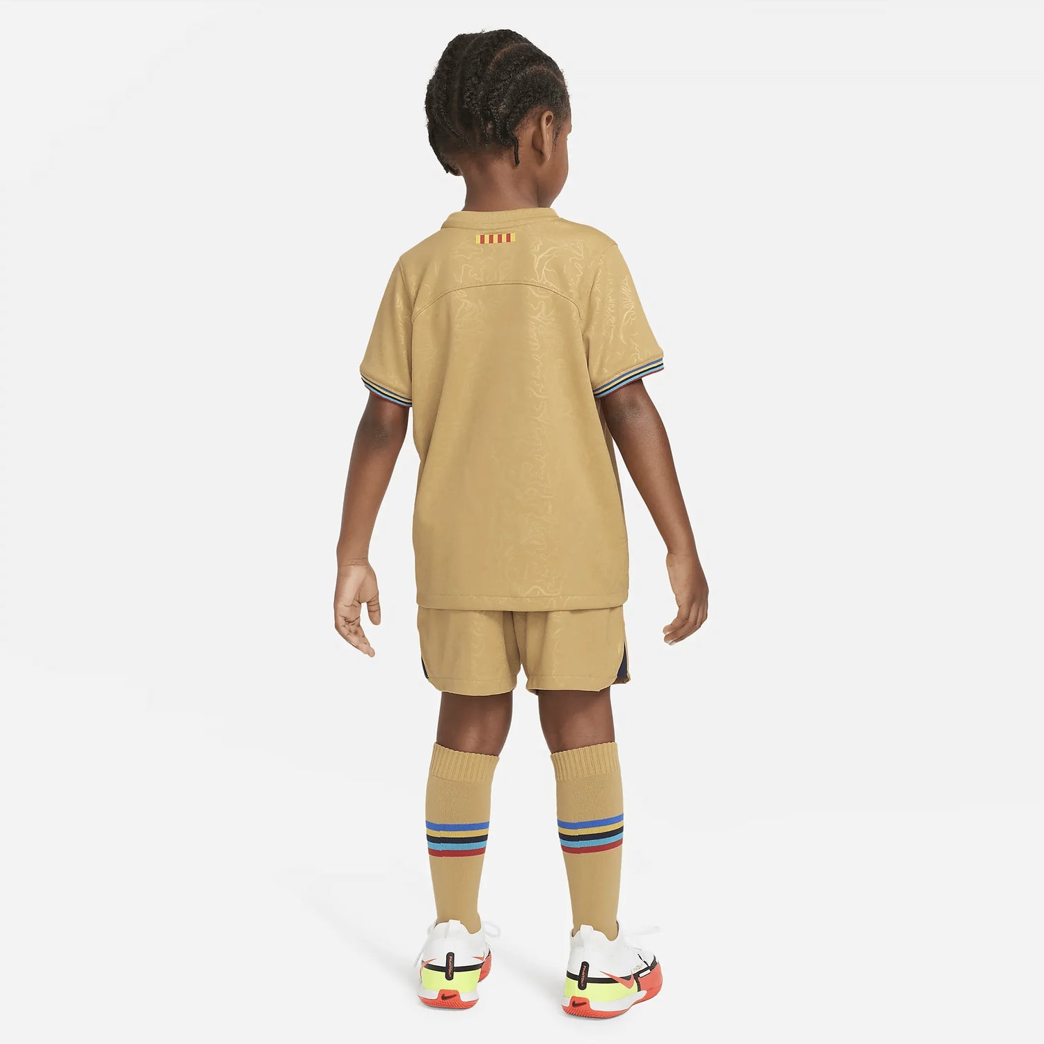 Nike 2022-23 Barcelona Away Little Kids Kit Gold-Navy (Model - Back)