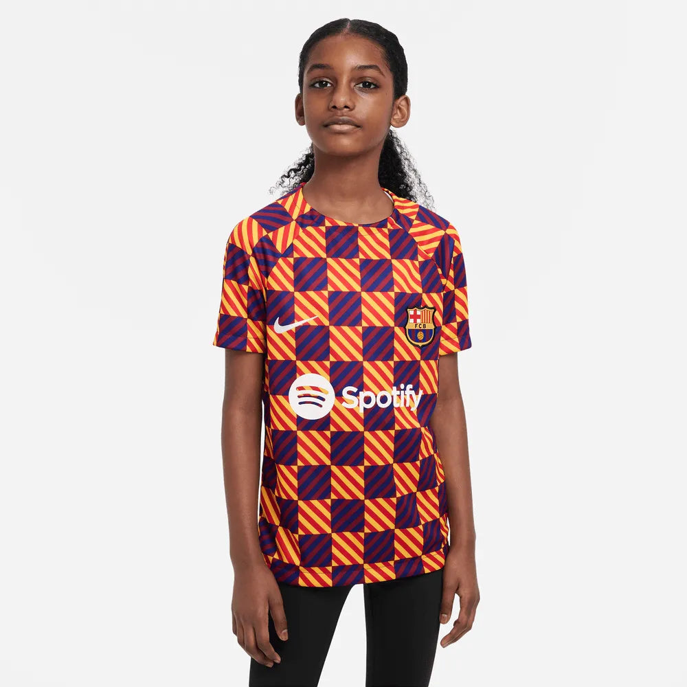 Nike 2022-23 FC Barcelona Youth Pre-Match Shirt - Yellow - Red (Model - Front)