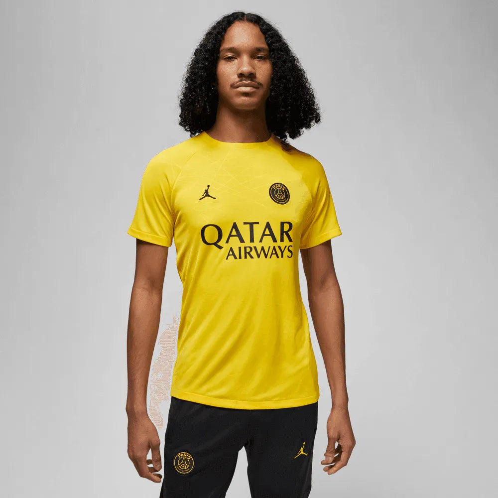 Jordan 2023 Paris Saint-Germain 4th Lifestyle Pre-Match Top - Yellow-Black (Model - Front)